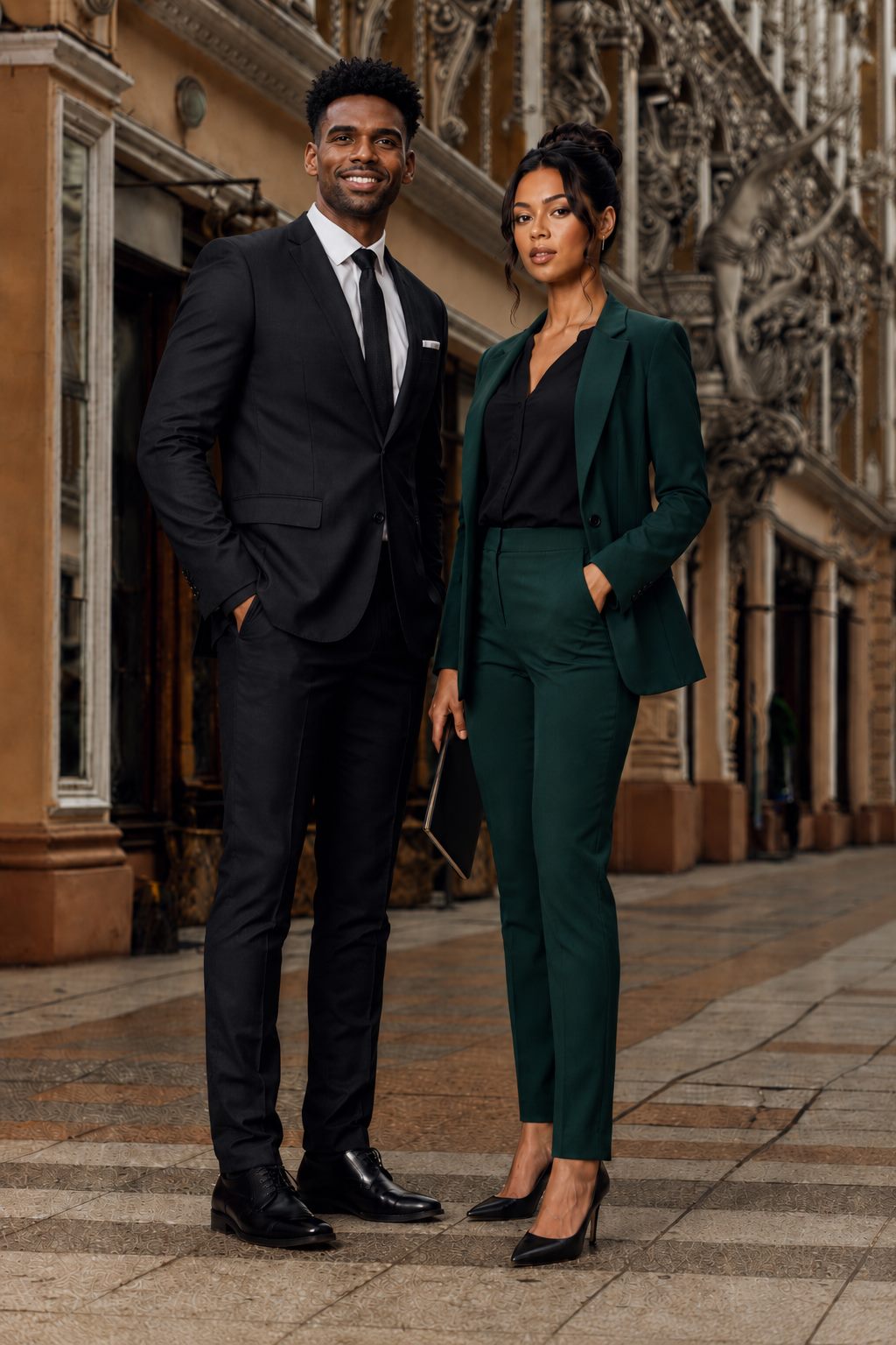 Couple élégant en tenue d'affaires, présence et autorité